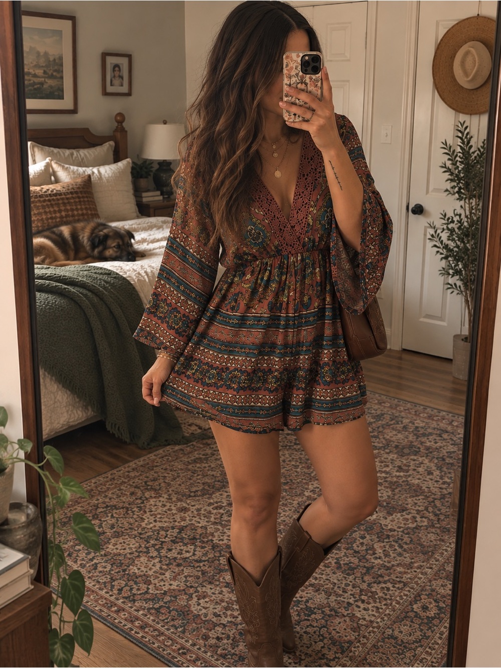 ZARA Trafaluc Boho Paisley Tapestry Bell Sleeve Romper Playsuit L